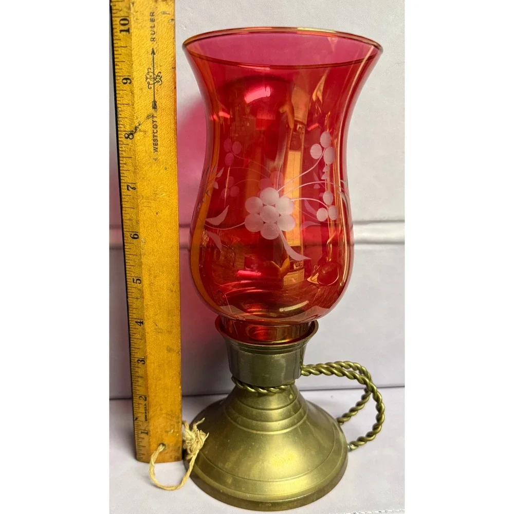 Vintage Cranberry Color Etched Glass Hurricane Candle Holder Brass Base 9.5